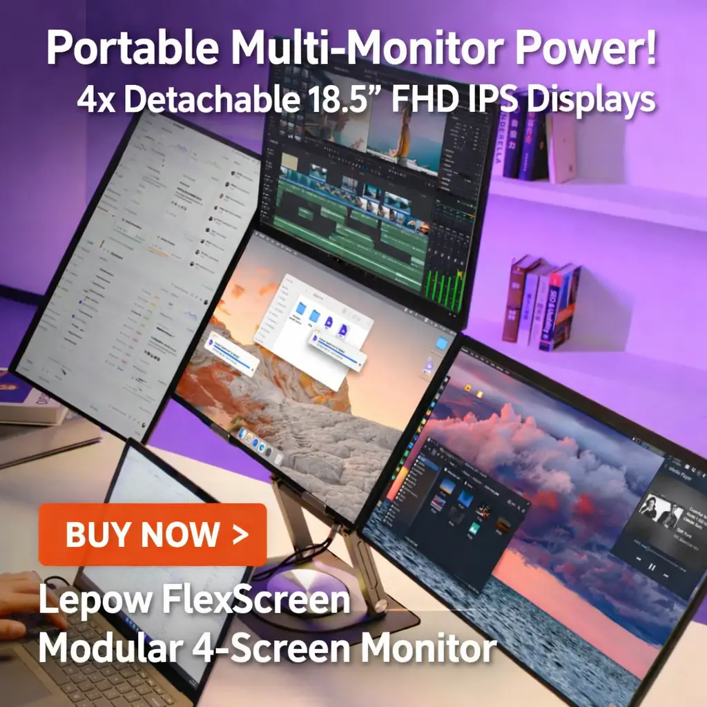 Lepow FlexScreen modular 4-screen portable monitor setup with 4 detachable 18.5-inch FHD IPS displays and Buy Now call-to-action