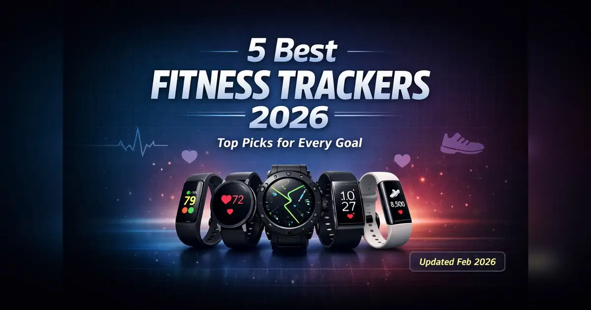 Five fitness trackers with text “5 Best Fitness Trackers 2026”