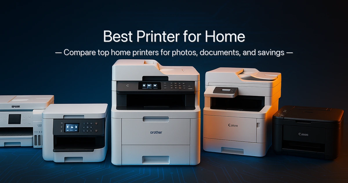Best printer for home — lineup of wireless all-in-one color printers including Epson EcoTank, Brother, and Canon models, each printing vibrant photos and documents in a bright home office.