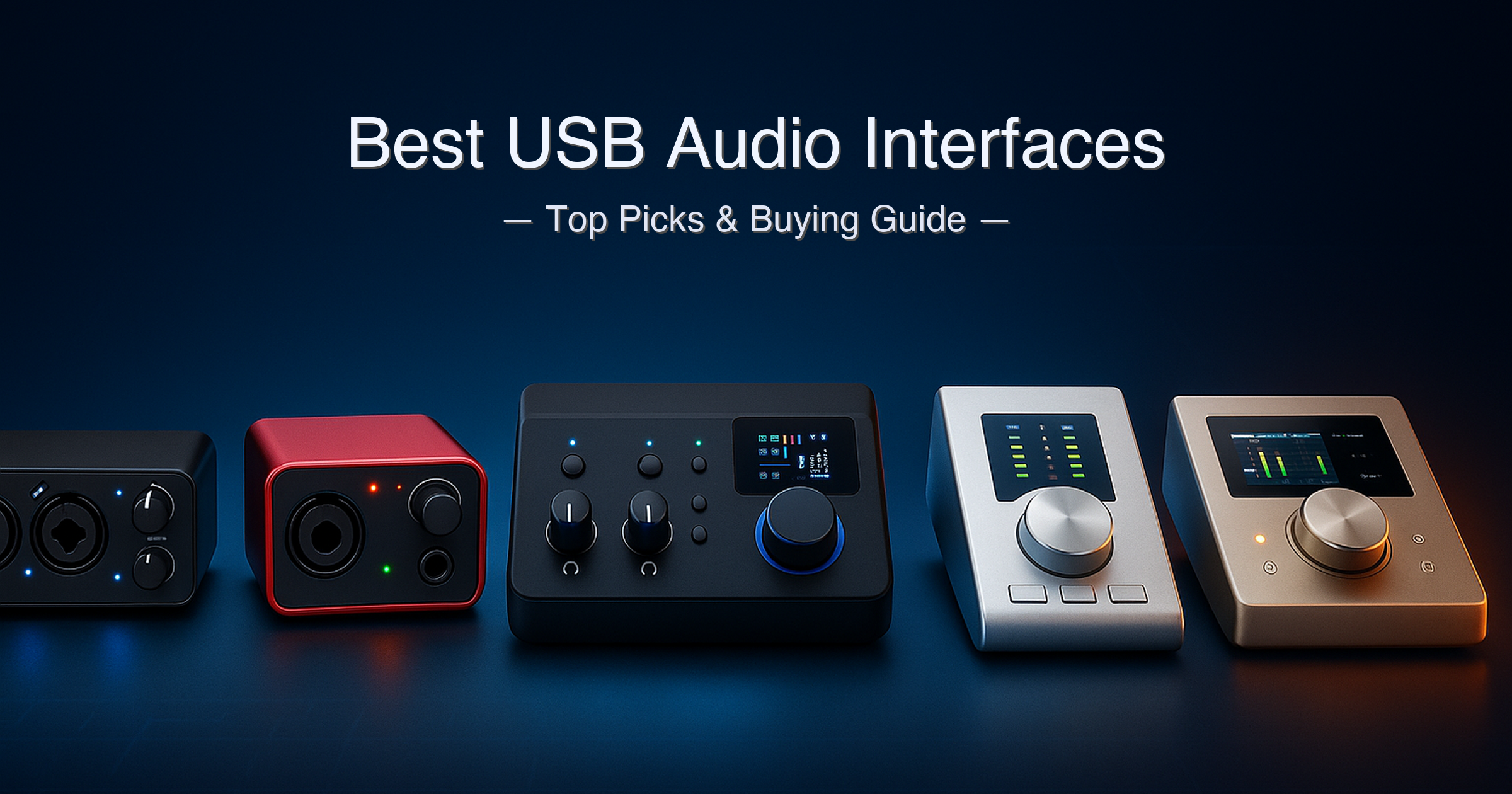 Best USB audio interfaces 2026 — five ranked options from the Behringer UMC204HD to the Neumann MT 48 arranged on a studio desk