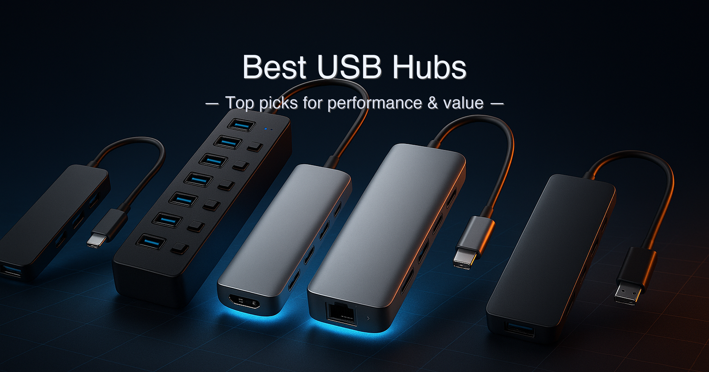 Best USB hubs 2026 — four USB hubs lined up: Anker 4-port, SABRENT 10-port powered, Anker 7-in-1 USB-C, and Plugable 9-in-1 USB-C with 140W PD