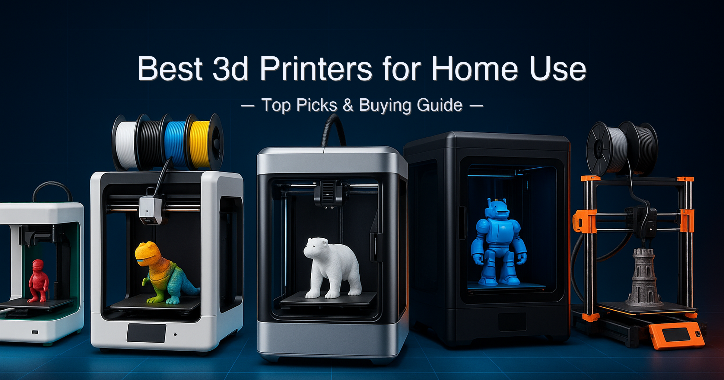 Best 3D printers for home use 2026 — five FDM desktop printers from beginner to pro: Asani Mini, Anycubic Kobra X, Bambu Lab A1, Creality K1 Max, and Prusa MK4S compared on a workshop desk