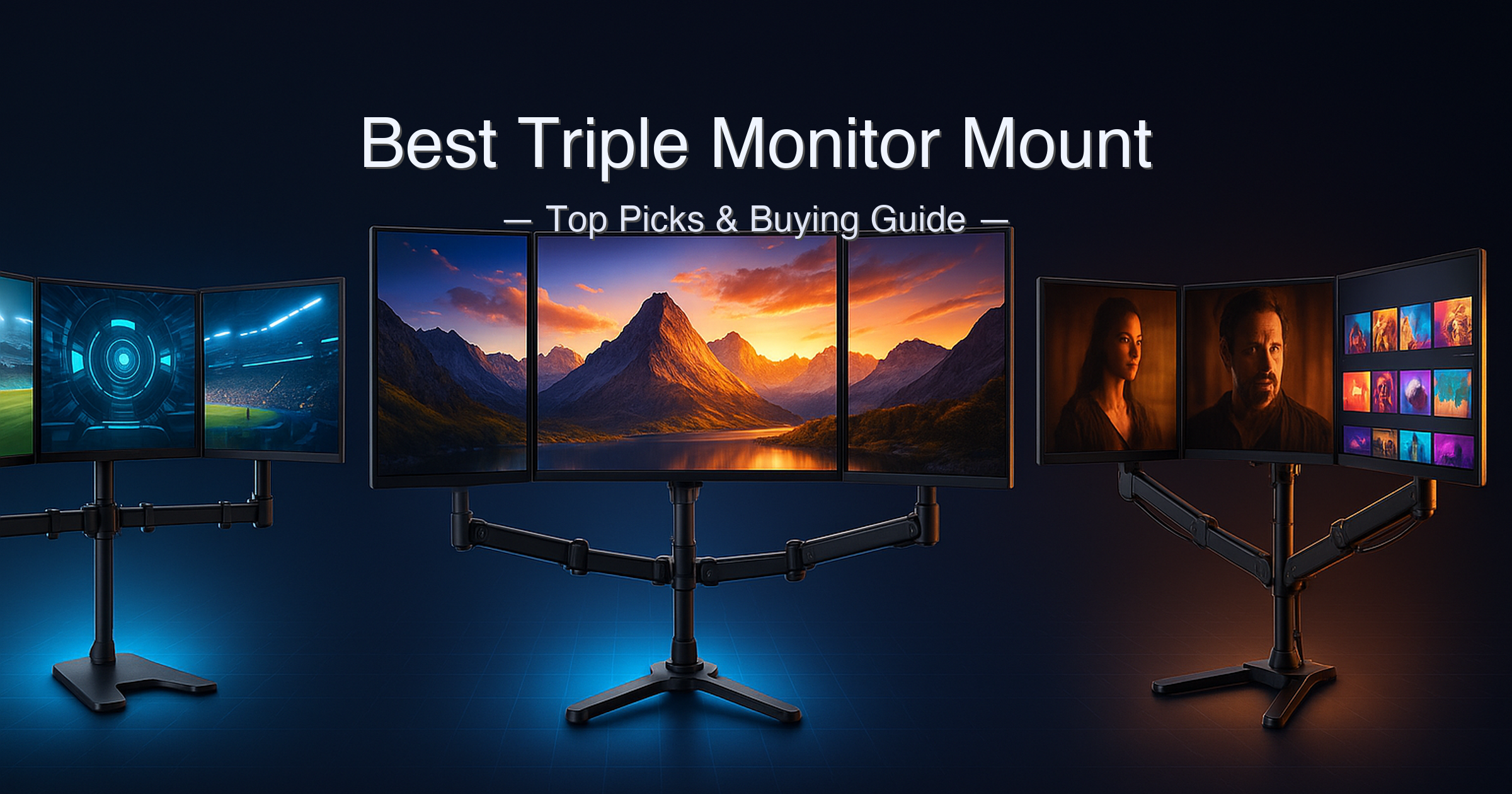 Best triple monitor mount comparison 2026 — WALI M003S, MOUNTUP MU0006, HUANUO HNTS3B, Mount-It gas spring, and VIVO STAND-V300D ultrawide mounts displayed in a modern home office and gaming desk setup