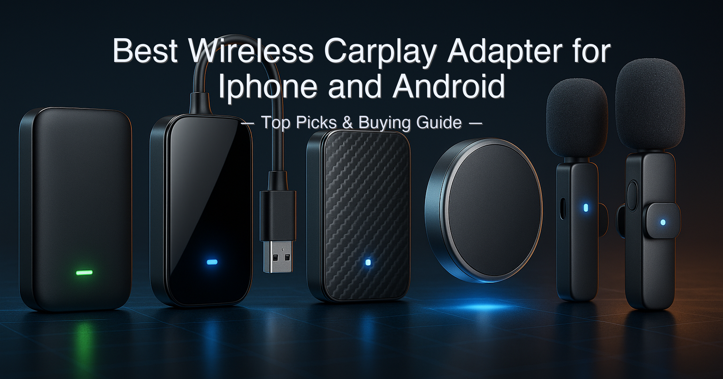 Best wireless CarPlay adapter for iPhone and Android 2026 — four top CarPlay dongles lined up next to a GoorDik lavalier mic on a car dashboard