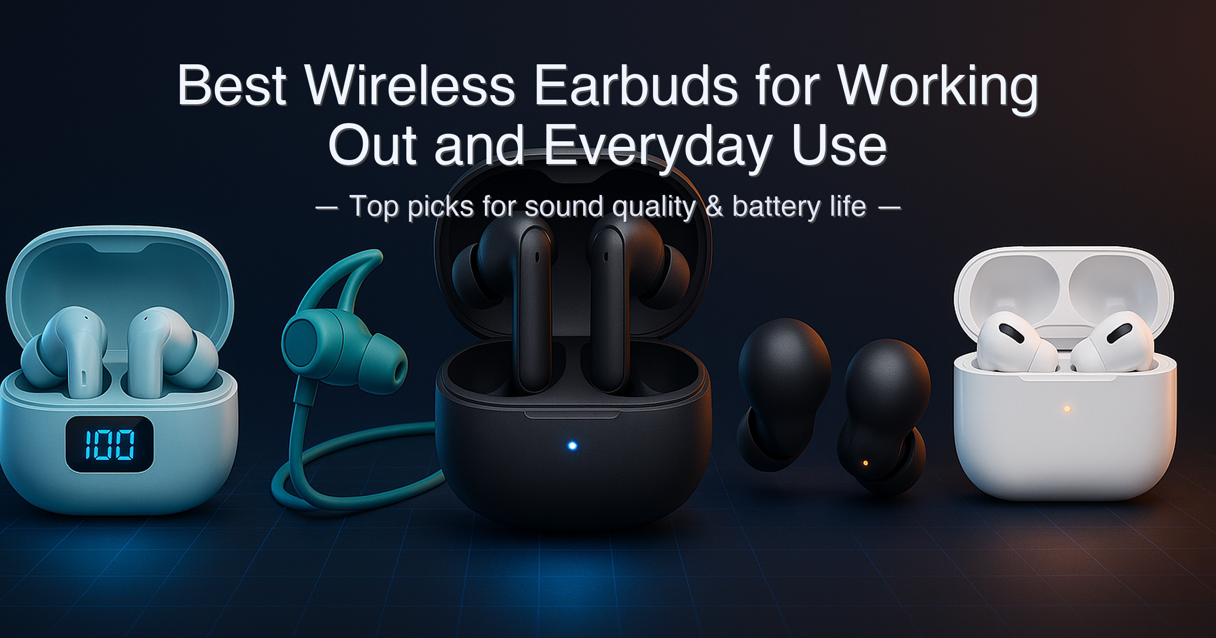 Best wireless earbuds for working out and everyday use 2026 — five earbuds from Btootos, Soundcore, Bose, Apple, and Sony displayed side by side on a gym bench