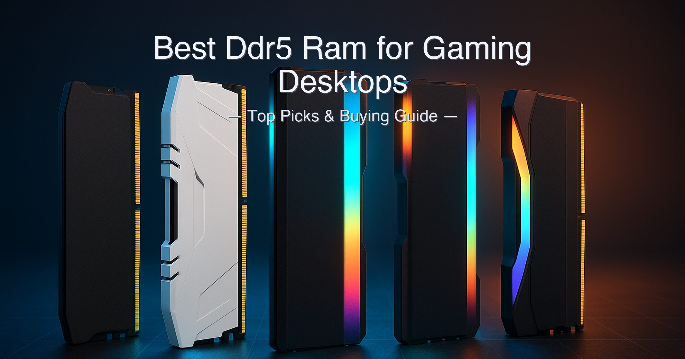 Best DDR5 RAM for gaming desktops 2026 — five DDR5 kits from G.SKILL, Corsair, Kingston, and TEAMGROUP lined up on a gaming desk
