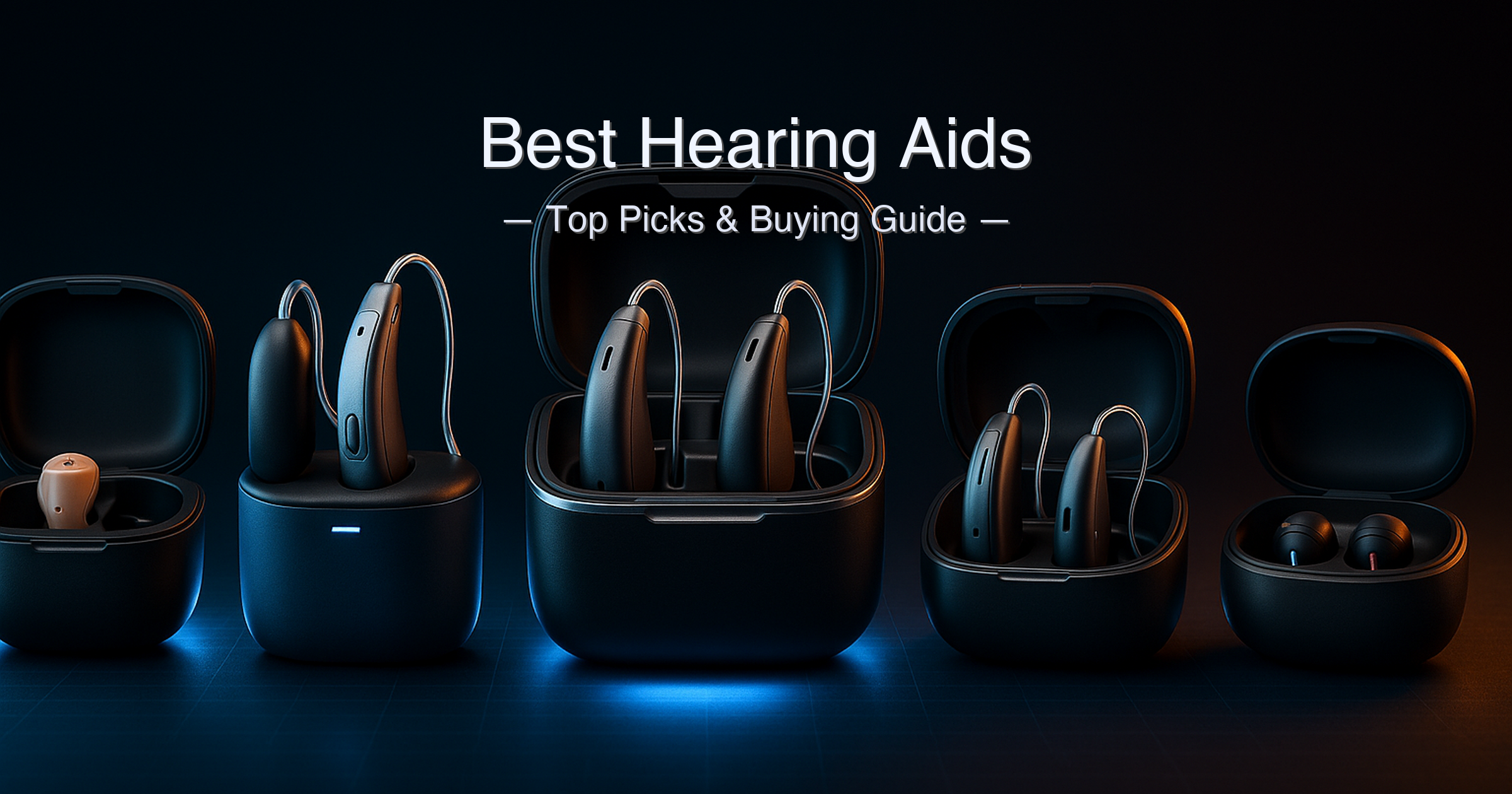 Best hearing aids of 2026 — five OTC models compared: ELEHEAR Beyond Pro, Eargo SE, Vivtone Lucid508, EarCentric EasyCharge, and Flaygo, arranged from premium to budget on a light surface.