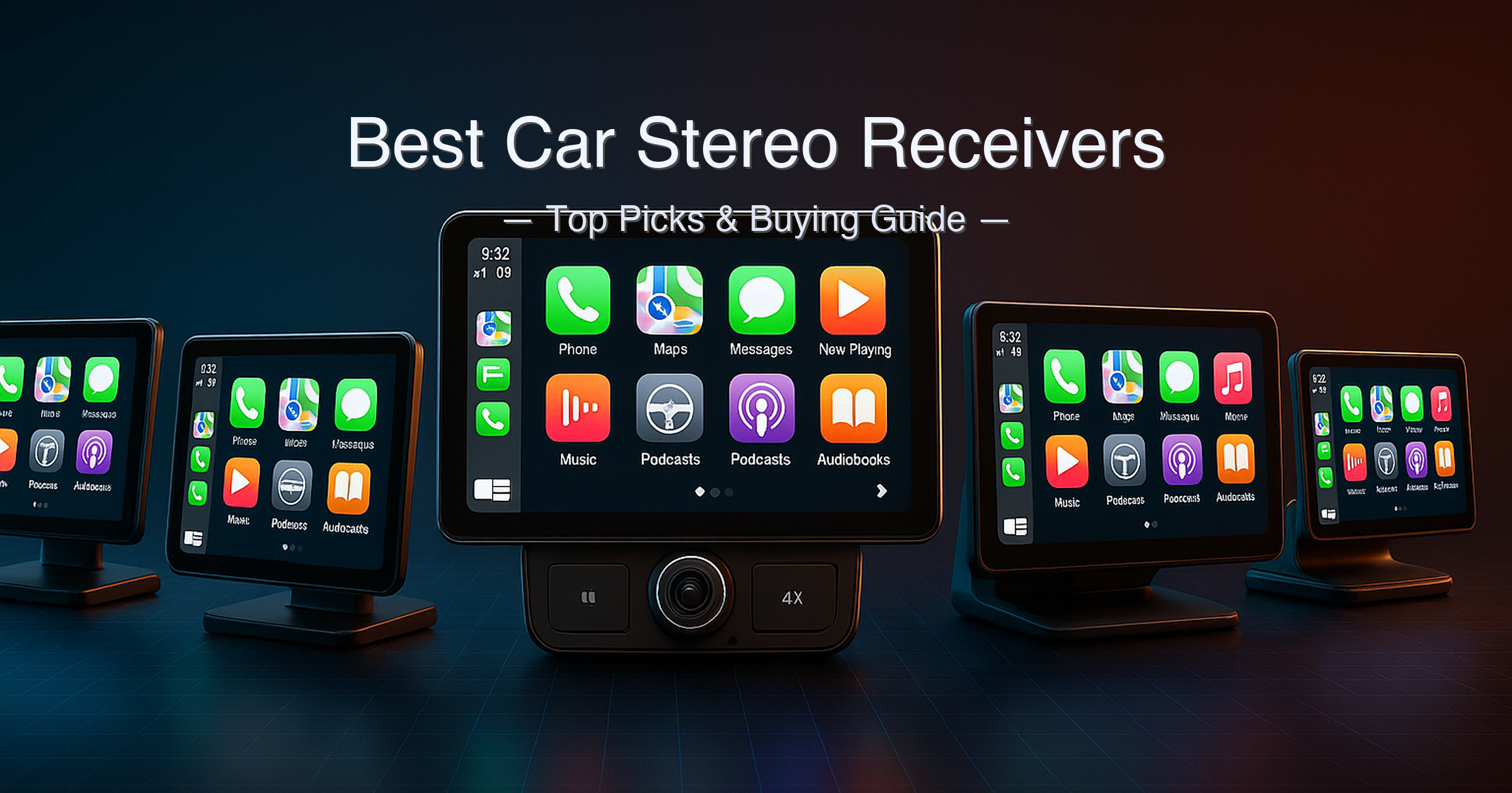 Best car stereo receivers of 2026 — five portable wireless CarPlay screens compared: Carpuride W103 Pro, IIWEY iK11, kuayvan 11.5", IIWEY iK7, and Krunia 9.26" lined up on a car dashboard.